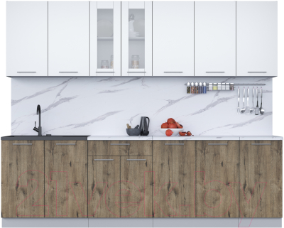 Кухонный гарнитур Интерлиния Мила 26 (белый платинум/дуб веллингтон/белый гранит) - фото
