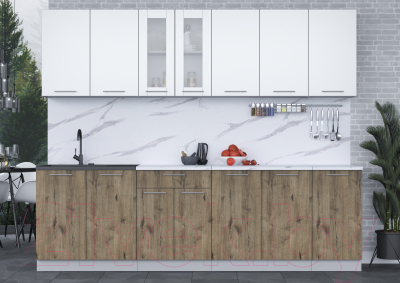 Кухонный гарнитур Интерлиния Мила 26 (белый платинум/дуб веллингтон/белый гранит)