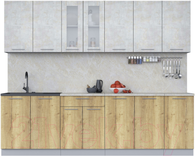 Кухонный гарнитур Интерлиния Мила 26 (бетон лайт/дуб золотой/опал светлый) - фото
