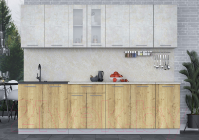 Кухонный гарнитур Интерлиния Мила 26 (бетон лайт/дуб золотой/опал светлый)