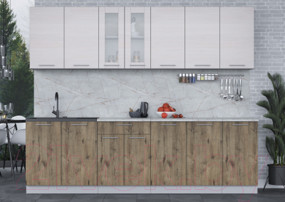 Кухонный гарнитур Интерлиния Мила 26 (вудлайн кремовый/дуб веллингтон/серый каспий)