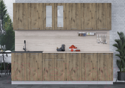 Кухонный гарнитур Интерлиния Мила 26 (дуб веллингтон/дуб веллингтон/травертин серый)