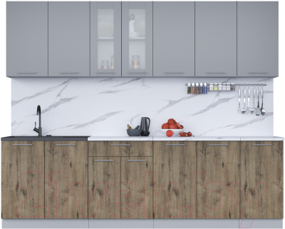 Кухонный гарнитур Интерлиния Мила 26 (серебро/дуб веллингтон/белый гранит) - фото