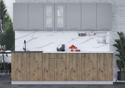 Кухонный гарнитур Интерлиния Мила 26 (серебро/дуб веллингтон/белый гранит)