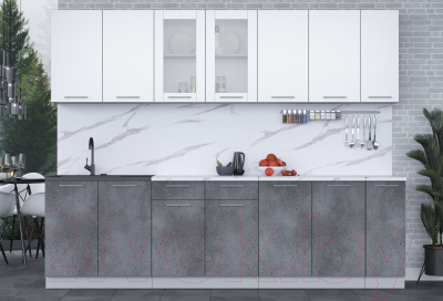 Кухонный гарнитур Интерлиния Мила 27 (белый платинум/бетон портленд/белый гранит)