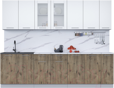 Кухонный гарнитур Интерлиния Мила 27 (белый платинум/дуб веллингтон/белый гранит) - фото
