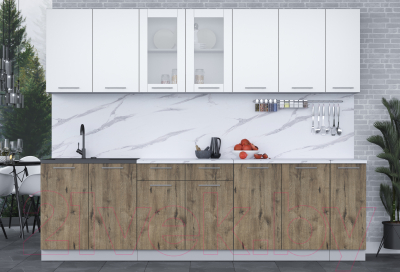 Кухонный гарнитур Интерлиния Мила 27 (белый платинум/дуб веллингтон/белый гранит)