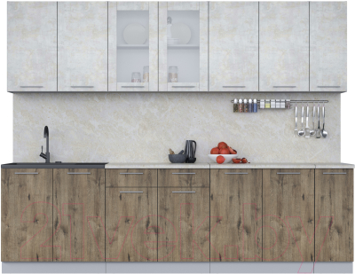 Кухонный гарнитур Интерлиния Мила 27 (бетон лайт/дуб веллингтон/опал светлый) - фото