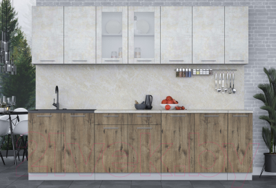 Кухонный гарнитур Интерлиния Мила 27 (бетон лайт/дуб веллингтон/опал светлый)