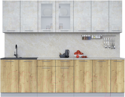 Кухонный гарнитур Интерлиния Мила 27 (бетон лайт/дуб золотой/опал светлый) - фото