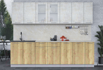 Кухонный гарнитур Интерлиния Мила 27 (бетон лайт/дуб золотой/опал светлый)