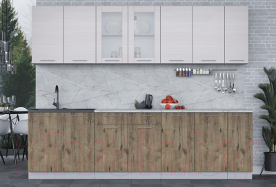 Кухонный гарнитур Интерлиния Мила 27 (вудлайн кремовый/дуб веллингтон/серый каспий)