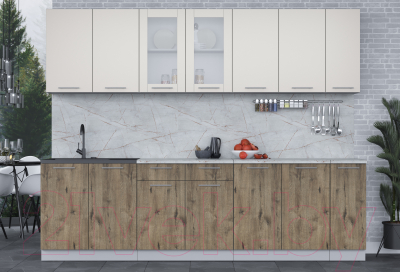 Кухонный гарнитур Интерлиния Мила 27 (персидский жемчуг/дуб веллингтон/серый каспий)