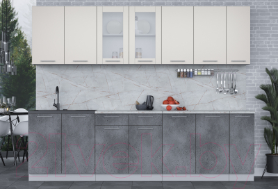 Кухонный гарнитур Интерлиния Мила 27 (персидский жемчуг/бетон портленд/серый каспий)