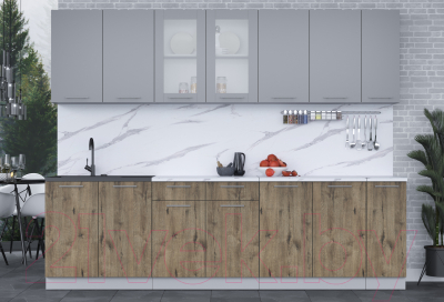 Кухонный гарнитур Интерлиния Мила 27 (серебро/дуб веллингтон/белый гранит)