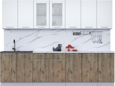 Кухонный гарнитур Интерлиния Мила 28 (белый платинум/дуб веллингтон/белый гранит) - фото