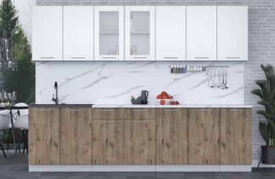 Кухонный гарнитур Интерлиния Мила 28 (белый платинум/дуб веллингтон/белый гранит)