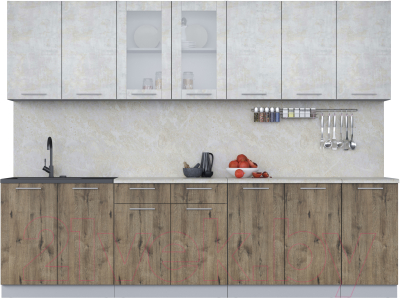 Кухонный гарнитур Интерлиния Мила 28 (бетон лайт/дуб веллингтон/опал светлый) - фото