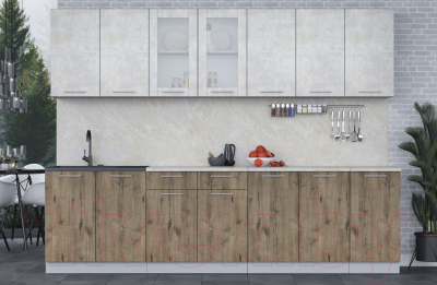 Кухонный гарнитур Интерлиния Мила 28 (бетон лайт/дуб веллингтон/опал светлый)