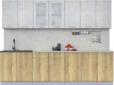 Кухонный гарнитур Интерлиния Мила 28 (бетон лайт/дуб золотой/опал светлый) - фото