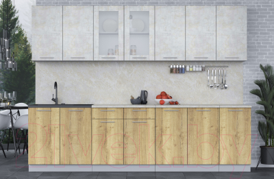 Кухонный гарнитур Интерлиния Мила 28 (бетон лайт/дуб золотой/опал светлый)