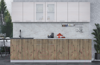 Кухонный гарнитур Интерлиния Мила 28 (вудлайн кремовый/дуб веллингтон/серый каспий)