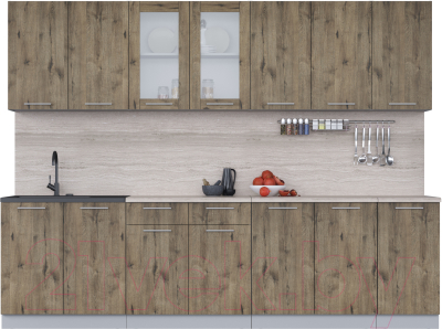 Кухонный гарнитур Интерлиния Мила 28 (дуб веллингтон/дуб веллингтон/травертин серый) - фото