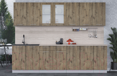 Кухонный гарнитур Интерлиния Мила 28 (дуб веллингтон/дуб веллингтон/травертин серый)