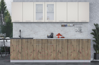 Кухонный гарнитур Интерлиния Мила 28 (персидский жемчуг/дуб веллингтон/серый каспий)