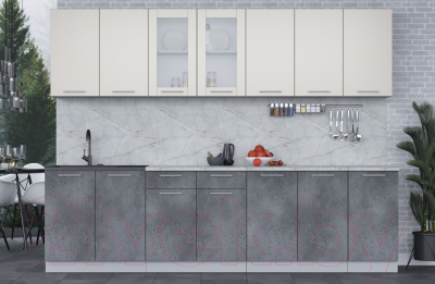 Кухонный гарнитур Интерлиния Мила 28 (персидский жемчуг/бетон портленд/серый каспий)