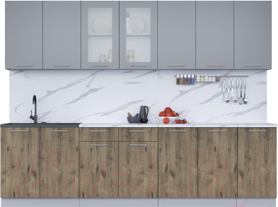 Кухонный гарнитур Интерлиния Мила 28 (серебро/дуб веллингтон/белый гранит) - фото