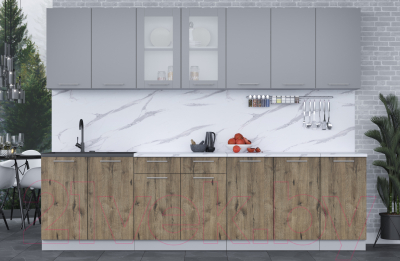 Кухонный гарнитур Интерлиния Мила 28 (серебро/дуб веллингтон/белый гранит)