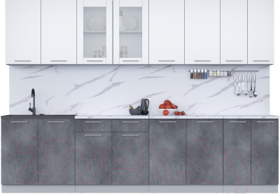 Кухонный гарнитур Интерлиния Мила 30 (белый платинум/бетон портленд/белый гранит) - фото