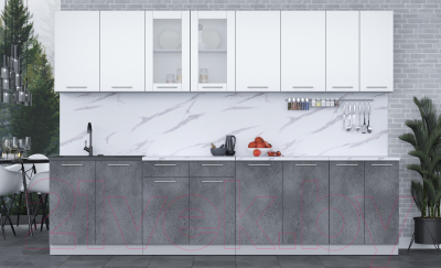 Кухонный гарнитур Интерлиния Мила 30 (белый платинум/бетон портленд/белый гранит)