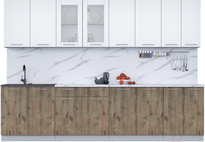 Кухонный гарнитур Интерлиния Мила 30 (белый платинум/дуб веллингтон/белый гранит) - фото