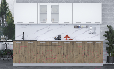 Кухонный гарнитур Интерлиния Мила 30 (белый платинум/дуб веллингтон/белый гранит)