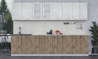 Кухонный гарнитур Интерлиния Мила 30 (бетон лайт/дуб веллингтон/опал светлый)