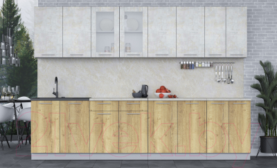 Кухонный гарнитур Интерлиния Мила 30 (бетон лайт/дуб золотой/опал светлый)