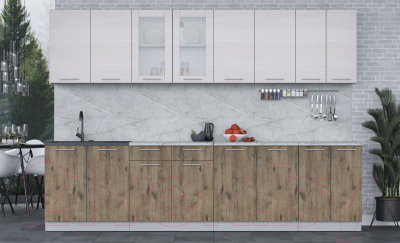 Кухонный гарнитур Интерлиния Мила 30 (вудлайн кремовый/дуб веллингтон/серый каспий)