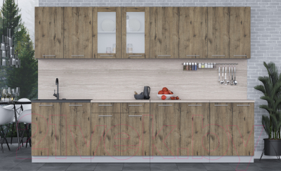 Кухонный гарнитур Интерлиния Мила 30 (дуб веллингтон/дуб веллингтон/травертин серый)