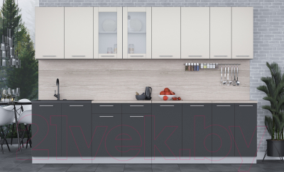 Кухонный гарнитур Интерлиния Мила 30 (персидский жемчуг/антрацит/травертин серый)