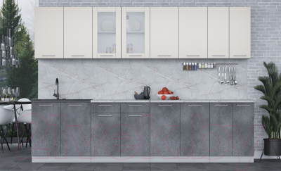 Кухонный гарнитур Интерлиния Мила 30 (персидский жемчуг/бетон портленд/серый каспий)