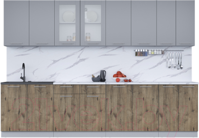 Кухонный гарнитур Интерлиния Мила 30 (серебро/дуб веллингтон/белый гранит) - фото