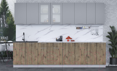 Кухонный гарнитур Интерлиния Мила 30 (серебро/дуб веллингтон/белый гранит)