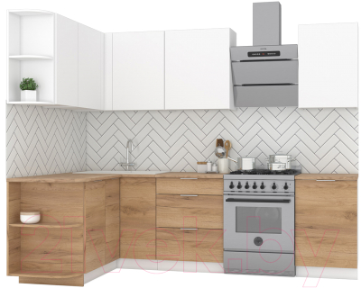 Кухонный гарнитур Интермебель Микс Топ-12 2.0x1.5м левая (белый премиум/дуб крафт золотой/дуб вотан) - фото