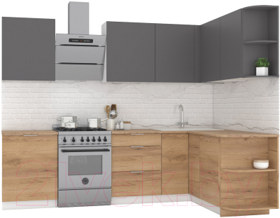 Кухонный гарнитур Интермебель Микс Топ-13 2.1x1.5м правая (графит серый/дуб крафт золотой/дуб вотан) - фото