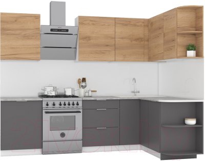 Кухонный гарнитур Интермебель Микс Топ-13 2.1x1.5м правая (дуб крафт золотой/графит серый/дуб вотан) - фото