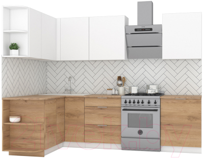 Кухонный гарнитур Интермебель Микс Топ-13 2.1x1.5м левая (белый премиум/дуб крафт золотой/дуб вотан) - фото