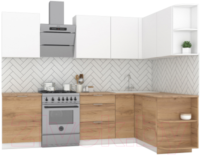 Кухонный гарнитур Интермебель Микс Топ-16 2.1x1.6м правая (белый премиум/дуб крафт золотой/дуб вотан) - фото