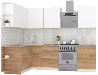 Кухонный гарнитур Интермебель Микс Топ-16 2.1x1.6м левая (белый премиум/дуб крафт золотой/дуб вотан) - фото